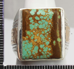 HEAVY Antique 1920's Art Deco RARE Natural #8 Mine Nevada Turquoise Silver & 10k Rose Gold Mens Ring