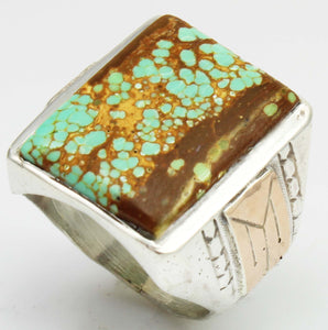 HEAVY Antique 1920's Art Deco RARE Natural #8 Mine Nevada Turquoise Silver & 10k Rose Gold Mens Ring