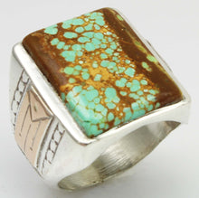 Load image into Gallery viewer, HEAVY Antique 1920&#39;s Art Deco RARE Natural #8 Mine Nevada Turquoise Silver &amp; 10k Rose Gold Mens Ring