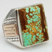 Load image into Gallery viewer, HEAVY Antique 1920&#39;s Art Deco RARE Natural #8 Mine Nevada Turquoise Silver &amp; 10k Rose Gold Mens Ring