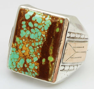 HEAVY Antique 1920's Art Deco RARE Natural #8 Mine Nevada Turquoise Silver & 10k Rose Gold Mens Ring