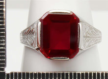 Load image into Gallery viewer, Antique BELAIS of NY1920s Art Deco 4ct Window Pane Emerald Cut Ruby 10k Solid White Gold Men&#39;s Ring