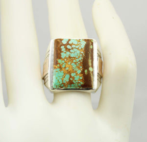 HEAVY Antique 1920's Art Deco RARE Natural #8 Mine Nevada Turquoise Silver & 10k Rose Gold Mens Ring