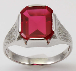 Antique BELAIS of NY1920s Art Deco 4ct Window Pane Emerald Cut Ruby 10k Solid White Gold Men's Ring