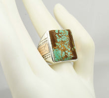 Load image into Gallery viewer, HEAVY Antique 1920&#39;s Art Deco RARE Natural #8 Mine Nevada Turquoise Silver &amp; 10k Rose Gold Mens Ring