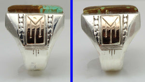 HEAVY Antique 1920's Art Deco RARE Natural #8 Mine Nevada Turquoise Silver & 10k Rose Gold Mens Ring