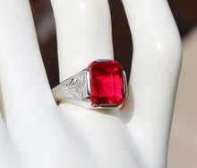 Load image into Gallery viewer, Antique BELAIS of NY1920s Art Deco 4ct Window Pane Emerald Cut Ruby 10k Solid White Gold Men&#39;s Ring