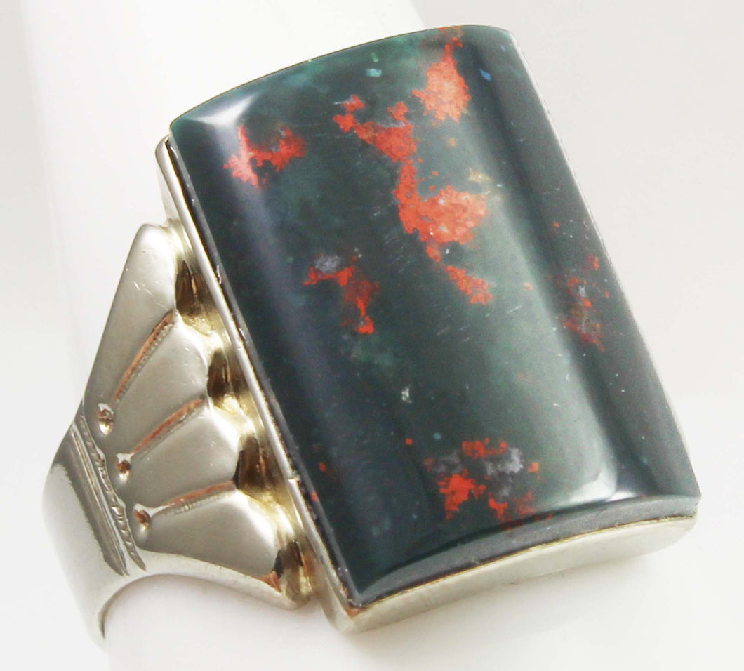 Antique 1920's Art Deco Natural Bloodstone Hand Engraved 10k Solid White Gold Men's Ring