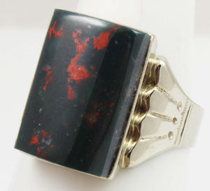 Antique 1920's Art Deco Natural Bloodstone Hand Engraved 10k Solid White Gold Men's Ring