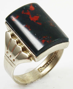 Antique 1920's Art Deco Natural Bloodstone Hand Engraved 10k Solid White Gold Men's Ring