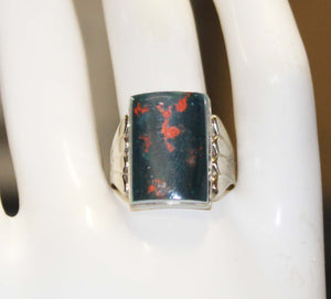 Antique 1920's Art Deco Natural Bloodstone Hand Engraved 10k Solid White Gold Men's Ring