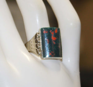 Antique 1920's Art Deco Natural Bloodstone Hand Engraved 10k Solid White Gold Men's Ring