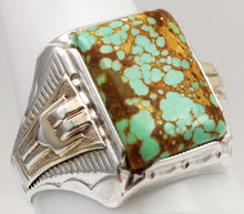 Load image into Gallery viewer, Antique 1920&#39;s Art Deco Ostby &amp; Barton RARE #8 Mine Nevada Turquoise Silver &amp; 14k Gold Men&#39;s Ring