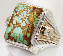 Load image into Gallery viewer, Antique 1920&#39;s Art Deco Ostby &amp; Barton RARE #8 Mine Nevada Turquoise Silver &amp; 14k Gold Men&#39;s Ring