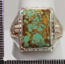 Load image into Gallery viewer, Antique 1920&#39;s Art Deco Ostby &amp; Barton RARE #8 Mine Nevada Turquoise Silver &amp; 14k Gold Men&#39;s Ring