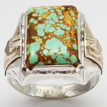 Load image into Gallery viewer, Antique 1920&#39;s Art Deco Ostby &amp; Barton RARE #8 Mine Nevada Turquoise Silver &amp; 14k Gold Men&#39;s Ring