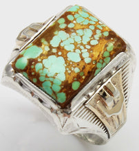 Load image into Gallery viewer, Antique 1920&#39;s Art Deco Ostby &amp; Barton RARE #8 Mine Nevada Turquoise Silver &amp; 14k Gold Men&#39;s Ring