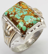 Load image into Gallery viewer, Antique 1920&#39;s Art Deco Ostby &amp; Barton RARE #8 Mine Nevada Turquoise Silver &amp; 14k Gold Men&#39;s Ring