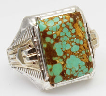 Load image into Gallery viewer, Antique 1920&#39;s Art Deco Ostby &amp; Barton RARE #8 Mine Nevada Turquoise Silver &amp; 14k Gold Men&#39;s Ring