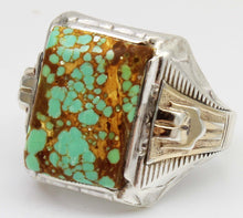 Load image into Gallery viewer, Antique 1920&#39;s Art Deco Ostby &amp; Barton RARE #8 Mine Nevada Turquoise Silver &amp; 14k Gold Men&#39;s Ring