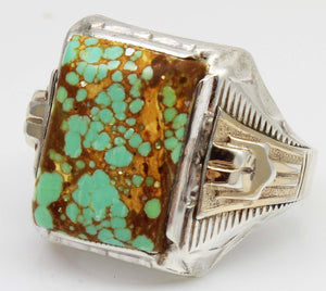 Antique 1920's Art Deco Ostby & Barton RARE #8 Mine Nevada Turquoise Silver & 14k Gold Men's Ring