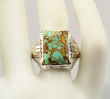 Load image into Gallery viewer, Antique 1920&#39;s Art Deco Ostby &amp; Barton RARE #8 Mine Nevada Turquoise Silver &amp; 14k Gold Men&#39;s Ring