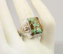 Load image into Gallery viewer, Antique 1920&#39;s Art Deco Ostby &amp; Barton RARE #8 Mine Nevada Turquoise Silver &amp; 14k Gold Men&#39;s Ring