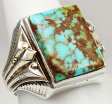 Load image into Gallery viewer, Antique 1920&#39;s Art Deco Ostby &amp; Barton RARE #8 Mine Nevada Turquoise Silver &amp; 14k Gold Men&#39;s Ring