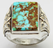 Load image into Gallery viewer, Antique 1920&#39;s Art Deco Ostby &amp; Barton RARE #8 Mine Nevada Turquoise Silver &amp; 14k Gold Men&#39;s Ring