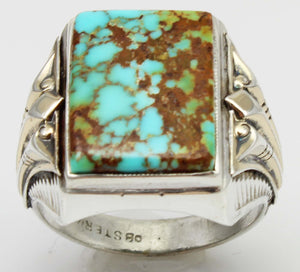 Antique 1920's Art Deco Ostby & Barton RARE #8 Mine Nevada Turquoise Silver & 14k Gold Men's Ring