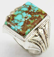 Load image into Gallery viewer, Antique 1920&#39;s Art Deco Ostby &amp; Barton RARE #8 Mine Nevada Turquoise Silver &amp; 14k Gold Men&#39;s Ring