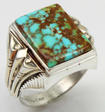 Load image into Gallery viewer, Antique 1920&#39;s Art Deco Ostby &amp; Barton RARE #8 Mine Nevada Turquoise Silver &amp; 14k Gold Men&#39;s Ring