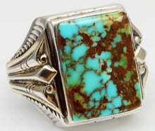 Load image into Gallery viewer, Antique 1920&#39;s Art Deco Ostby &amp; Barton RARE #8 Mine Nevada Turquoise Silver &amp; 14k Gold Men&#39;s Ring