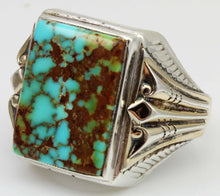 Load image into Gallery viewer, Antique 1920&#39;s Art Deco Ostby &amp; Barton RARE #8 Mine Nevada Turquoise Silver &amp; 14k Gold Men&#39;s Ring