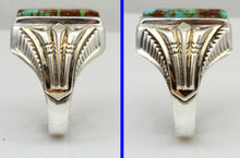 Load image into Gallery viewer, Antique 1920&#39;s Art Deco Ostby &amp; Barton RARE #8 Mine Nevada Turquoise Silver &amp; 14k Gold Men&#39;s Ring