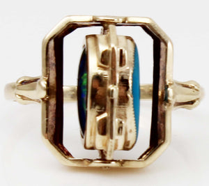 RARE Antique 1920's Art Deco Opal & Persian Turquoise 10k Solid Gold Cocktail Reversible Flip Ring