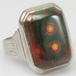 Ornate Antique 1920's Art Deco Natural RARE Orbicular Bloodstone 10k Solid White Gold Men's Ring