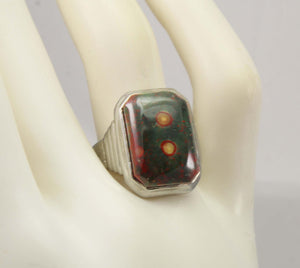 Ornate Antique 1920's Art Deco Natural RARE Orbicular Bloodstone 10k Solid White Gold Men's Ring