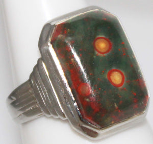 Ornate Antique 1920's Art Deco Natural RARE Orbicular Bloodstone 10k Solid White Gold Men's Ring