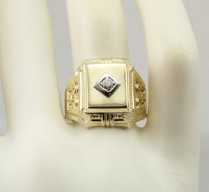 Antique Art Deco Natural & Genuine Antique European Cut .10ct Diamond 10k Solid Gold Men's Ring