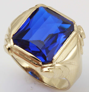 Antique 1920's Art Deco LARGE 9ct RARE Barrel Cut Blue Spinel 10k Solid Yellow Gold Men's Ring