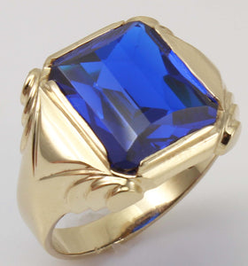 Antique 1920's Art Deco LARGE 9ct RARE Barrel Cut Blue Spinel 10k Solid Yellow Gold Men's Ring