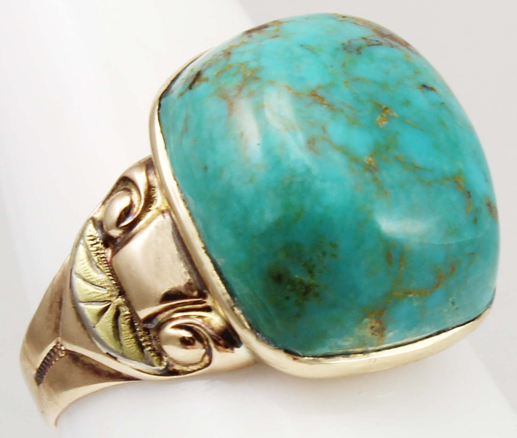 Antique Art Deco William C. Greene Kingman Turquoise 10k Solid Yellow & RARE Green Gold Men's Ring