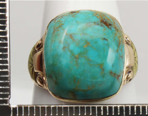 Antique Art Deco William C. Greene Kingman Turquoise 10k Solid Yellow & RARE Green Gold Men's Ring