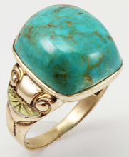 Load image into Gallery viewer, Antique Art Deco William C. Greene Kingman Turquoise 10k Solid Yellow &amp; RARE Green Gold Men&#39;s Ring