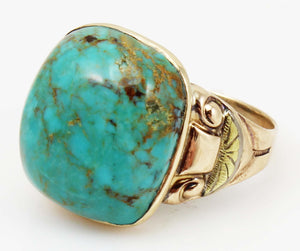 Antique Art Deco William C. Greene Kingman Turquoise 10k Solid Yellow & RARE Green Gold Men's Ring