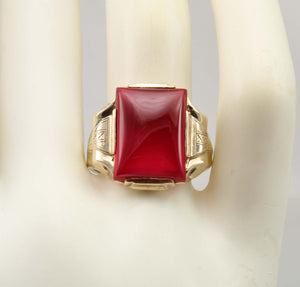 Antique 1920's Art Deco LARGE 12ct Ruby Hand Engraved & Milgrained 10k Solid Yellow Gold Men's Ring