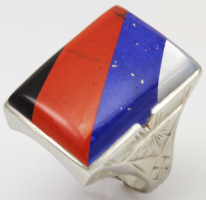 Antique White Wile Warner of NY 1920's Art Deco Multi Gem Inlay 10k Solid White Gold Men's Ring