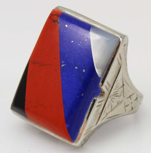 Antique White Wile Warner of NY 1920's Art Deco Multi Gem Inlay 10k Solid White Gold Men's Ring