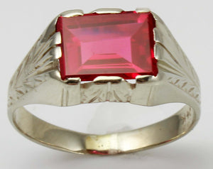 Antique 1920's Art Deco 3ct Window Pane Cut Ruby 14k Solid White Gold Men's Ring